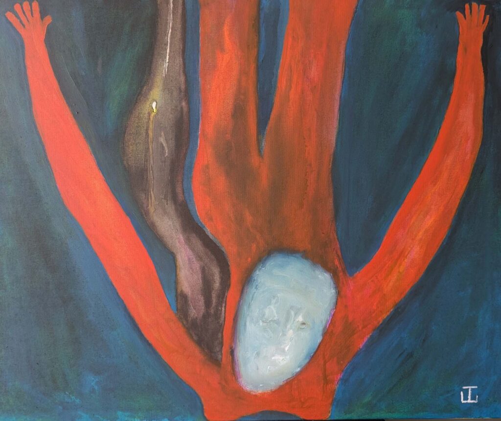 Face and body swimming with what could be an alligator, painting