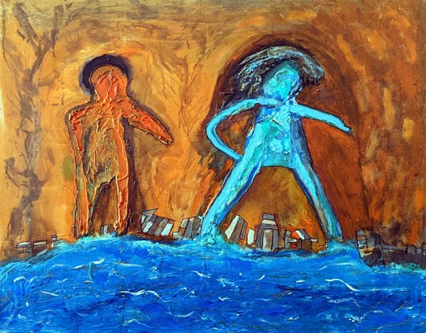 abstract two figures standing on water with buildings at their feet and orange background