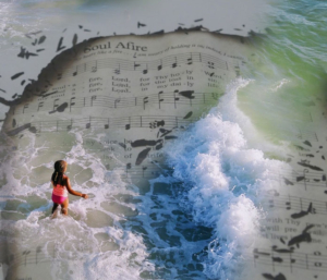 girl on sheet music and ocean