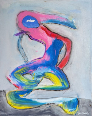 abstract dancing figure in bright colors with cloud in the face