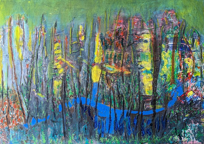 abstract painting of trees and water