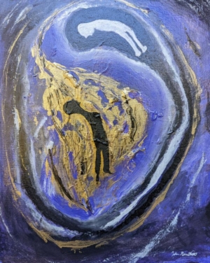 abstract with two human forms, one white, one black, looking at each other in a sea of gold and purple
