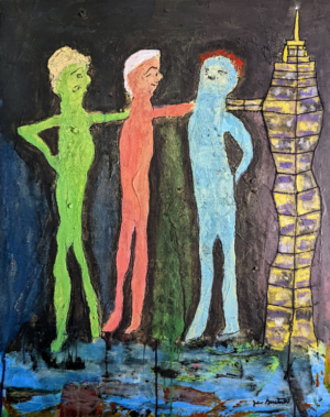 abstract with 3 human figures and a skyscraper in cartoon painterly style