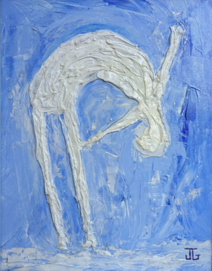sculptural paintings of a human form leaning over in blue and white.
