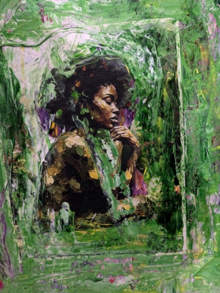 Painting of a woman with natural hair seated in profile, her figure merging with bold green brushstrokes and textured layers that press against her form, as if she is resisting the frame itself.