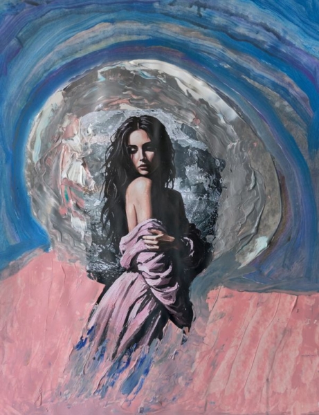 A woman draped in pink stands at the center of a circular, planetary-like form with swirling blue and gray textures, evoking the pull of orbit.