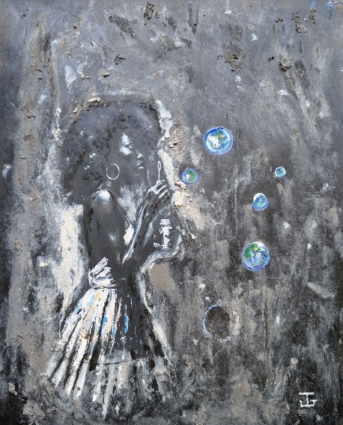 Mixed-media artwork of a collaged AI-generated female portrait with textured acrylic paint, showing the figure blowing painted bubble-like orbs into a dark, turbulent sky.