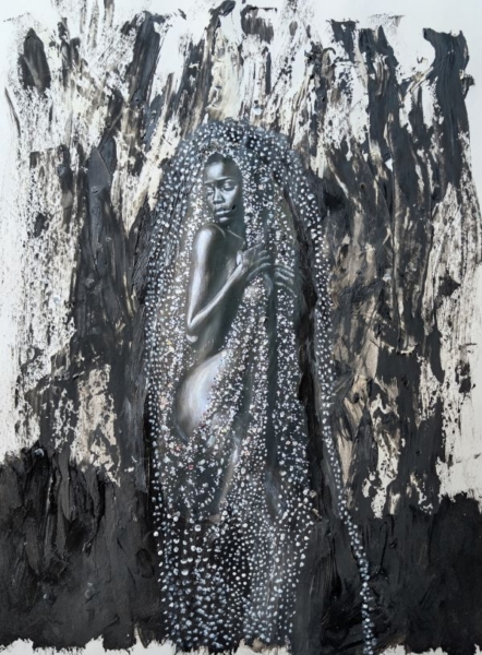 AI-generated female portrait in a blue dress collaged into acrylic painting with textured, gestural brushstrokes.