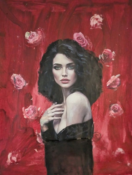 Painting of a woman with dark hair set against a vibrant red background with scattered roses, her features sharp yet softened by expressive brushstrokes that blur realism with abstraction.