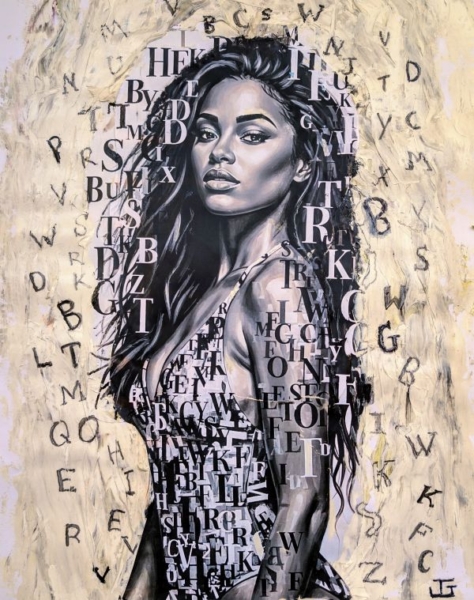 Woman wearing lettered dress with letters all around.