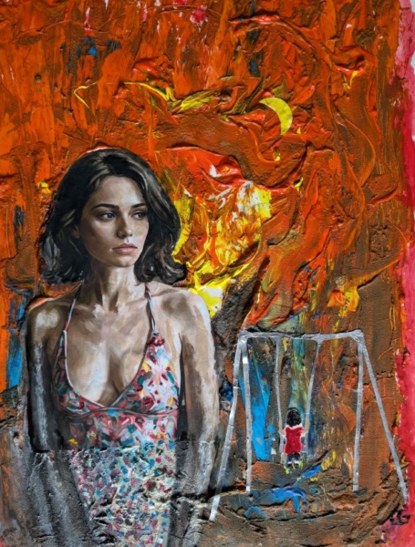 Woman looking at her childhood in the form of a child on a swing.