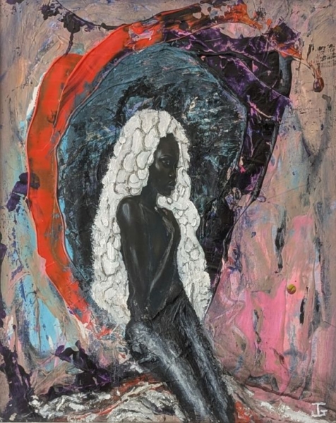 Mixed-media collage of an AI-generated female portrait with textured acrylic paint, featuring sculptural white hair against expressive brushstrokes.