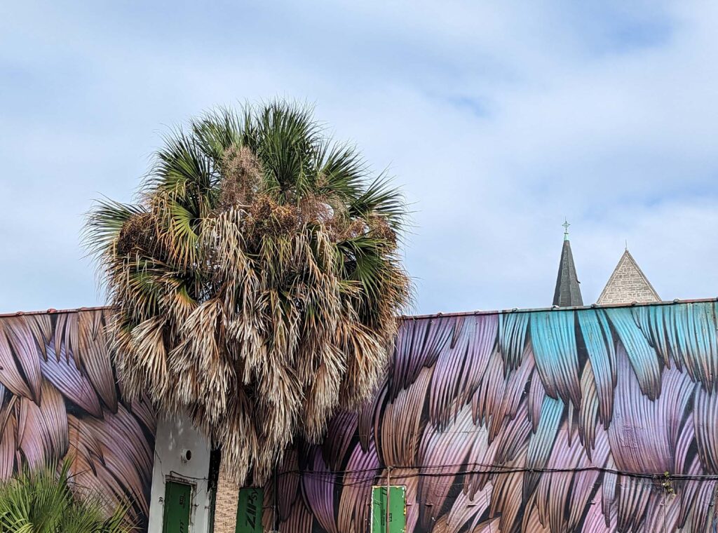 Tree brown branches that blend into painted wall of building.